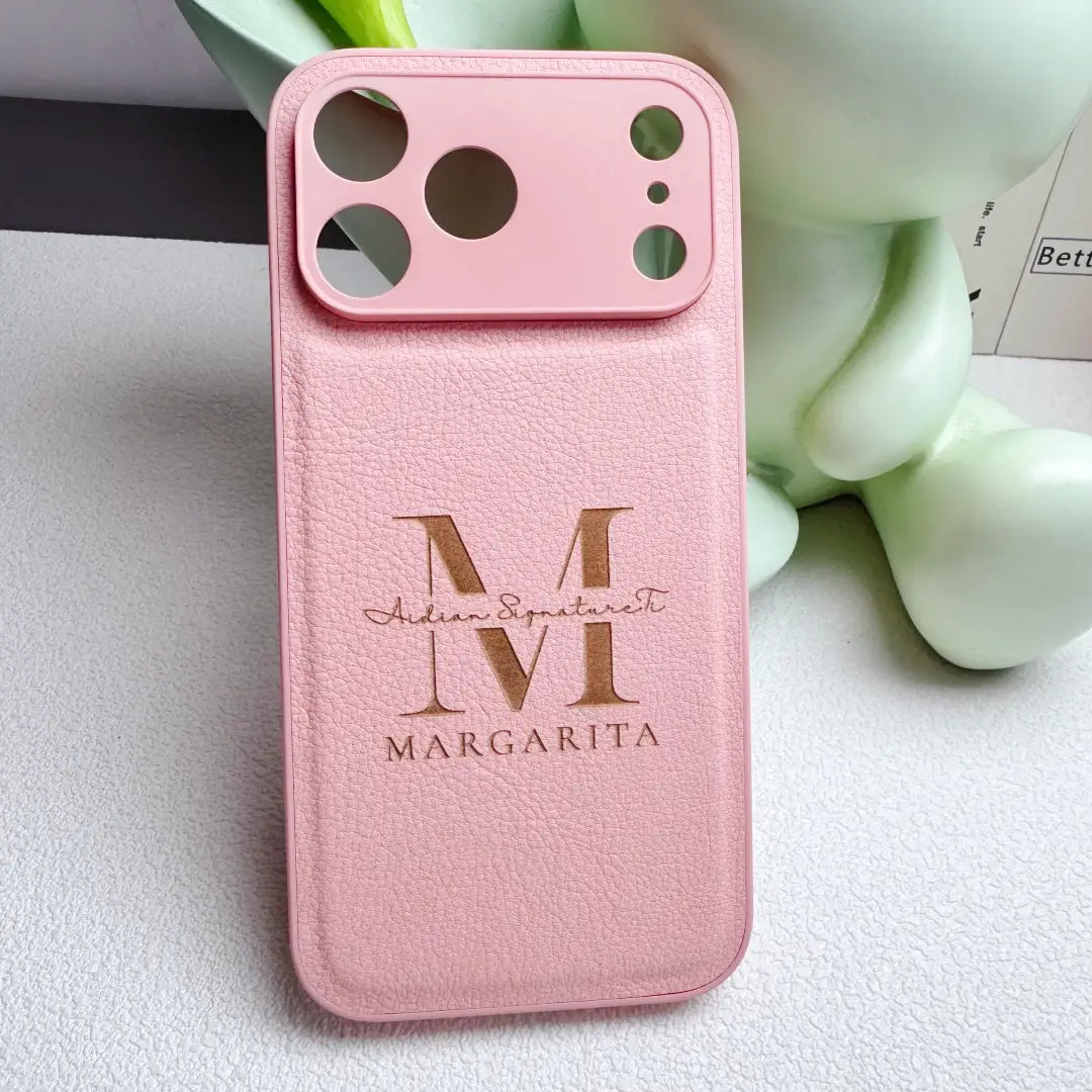 Custom Name Logo Engraved Phone Case – Pebbled Leather